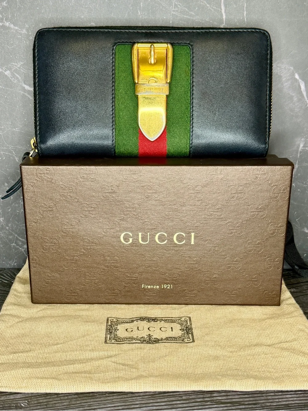 Gucci Navy Sylvie Sherry Line Buckle Zip Around Wallet | Entrupy COA - Picture 9 of 10